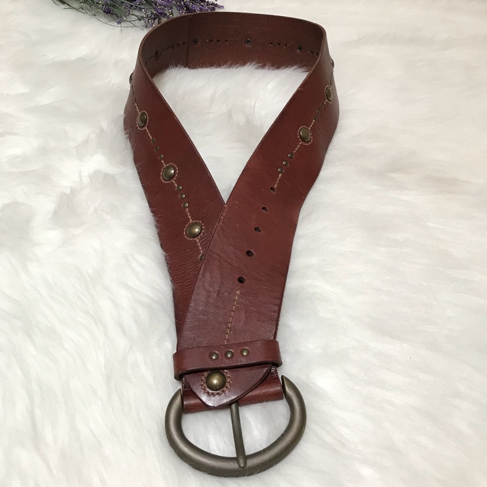Fossil Brown Genuine Leather Studded Belt Boho Western Wide Belt Women M